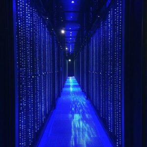 Blåbelyst serverhall med rader av datorskåp och en lång mittgång